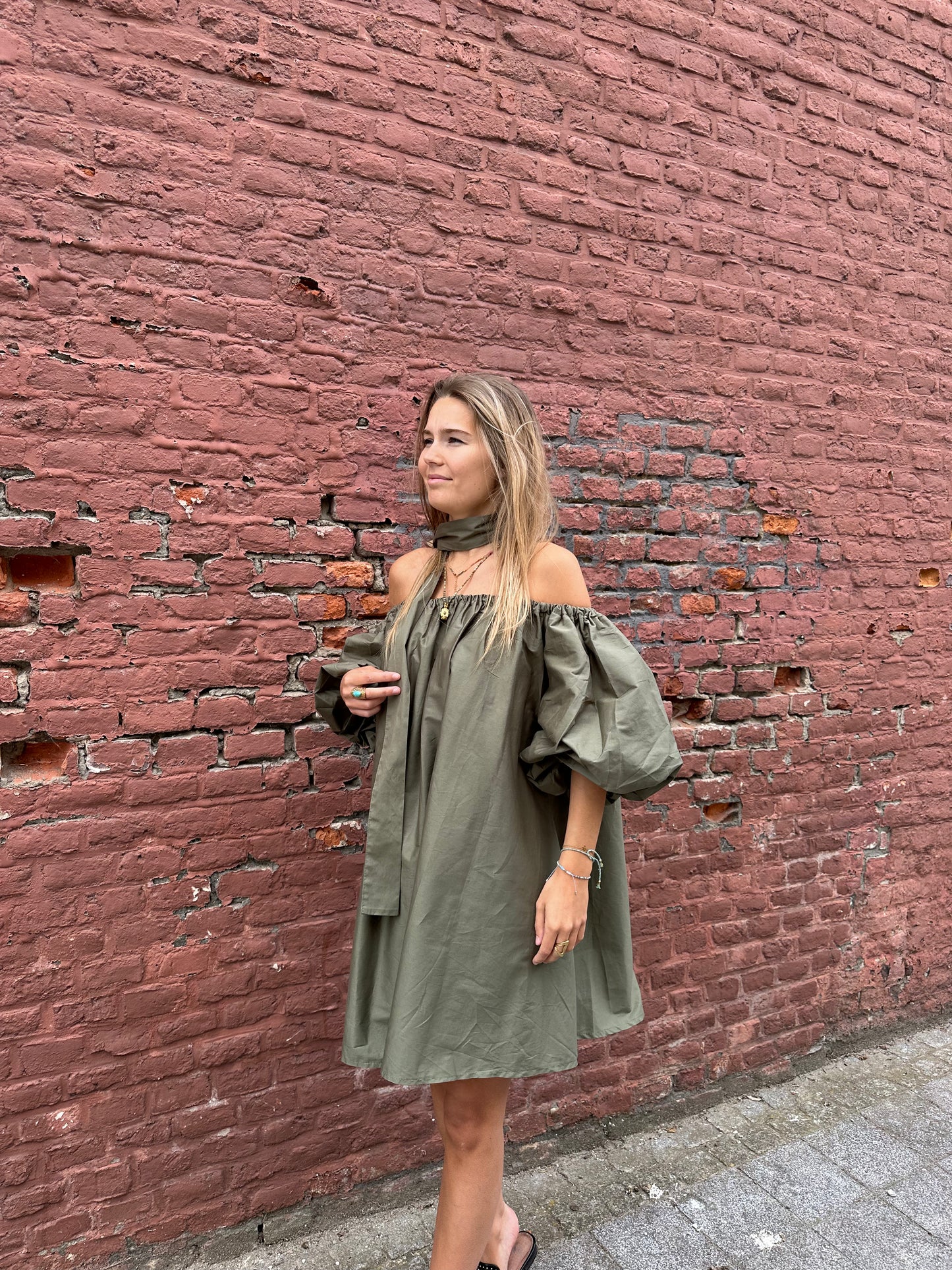 Kaki off shoulder dress