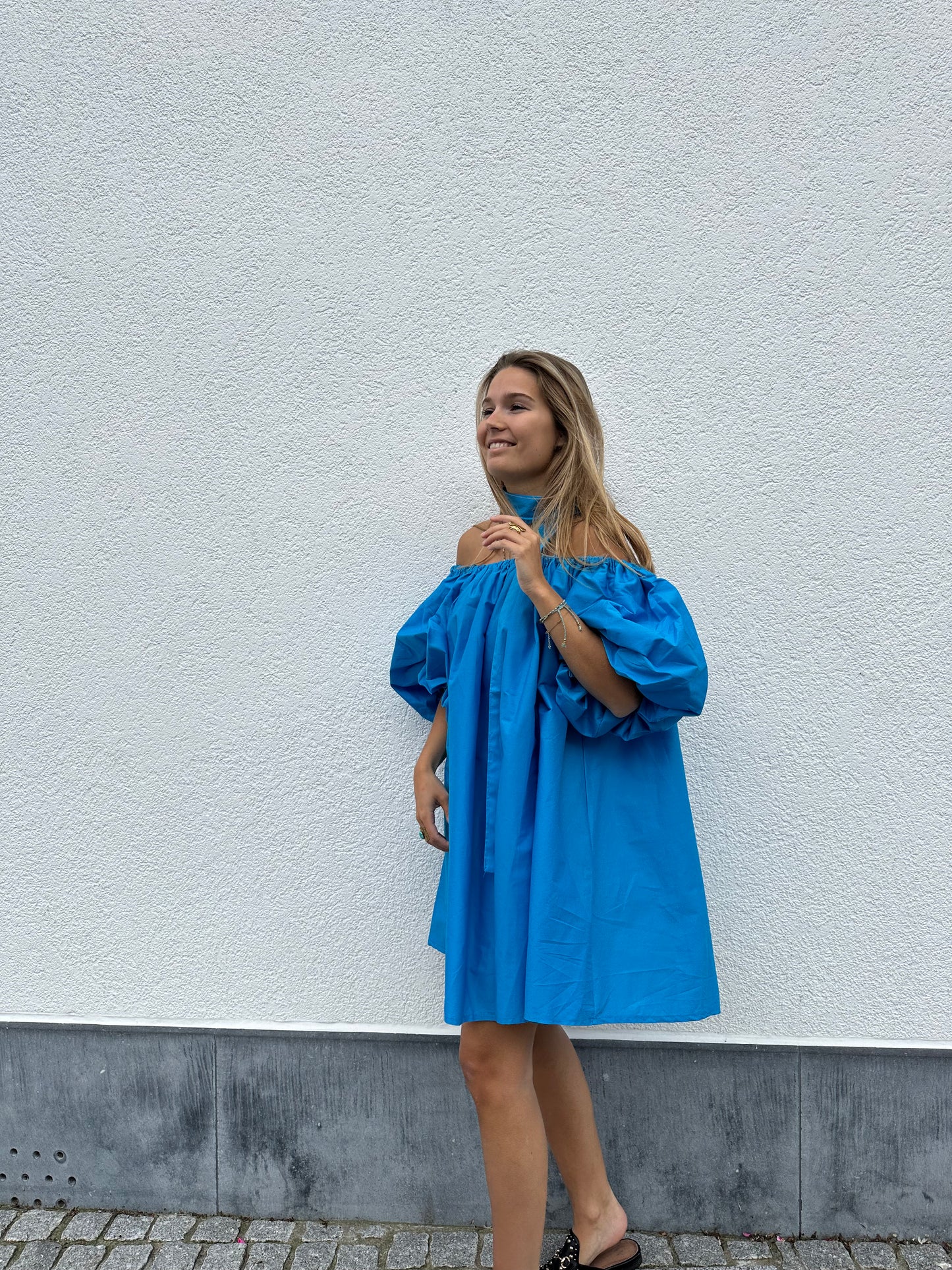 Blue off shoulder dress