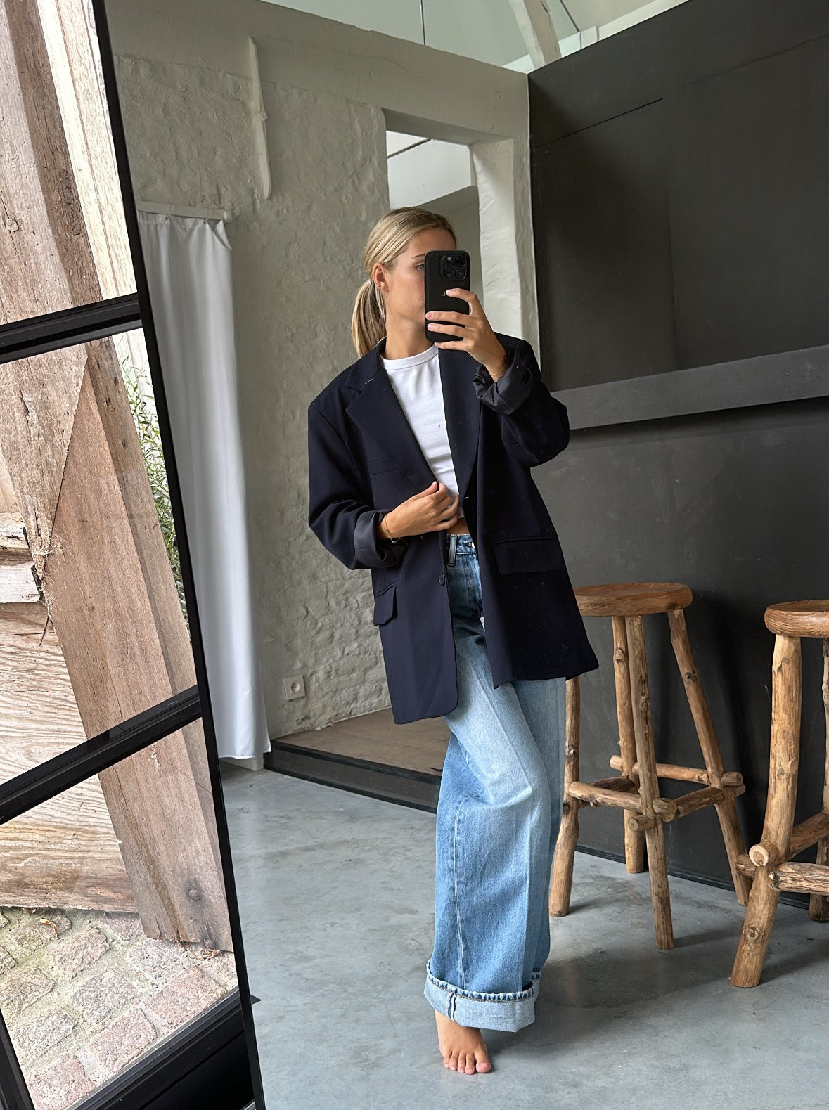 Dark blue oversized blazer with open back