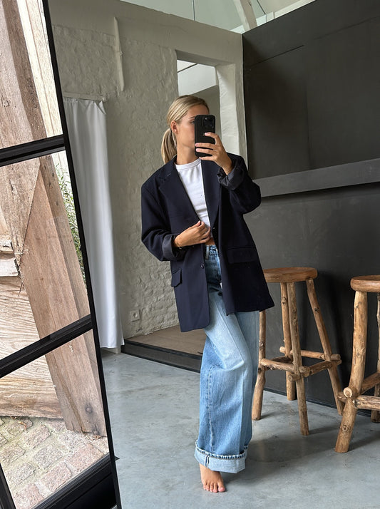 Dark blue oversized blazer with open back