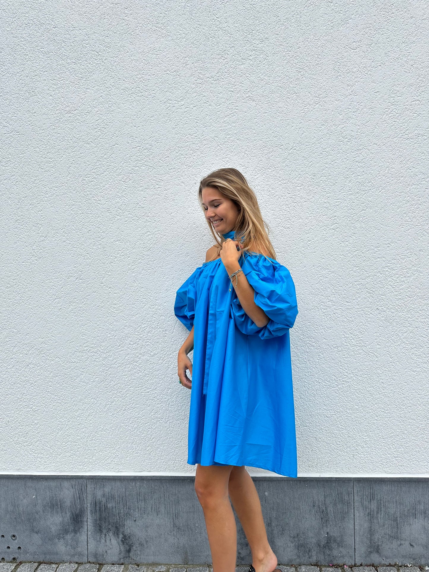 Blue off shoulder dress